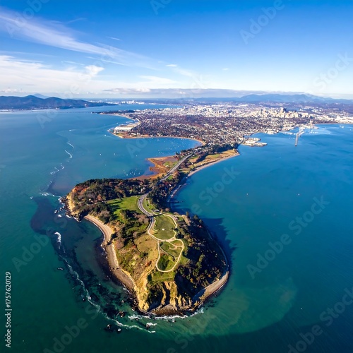Aerial view showcases coastal landscape, city backdrop and blue water