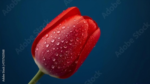 Macro Close-up of a Single Red Tulip Bud Covered in Glistening Water Droplets on Dark Blue