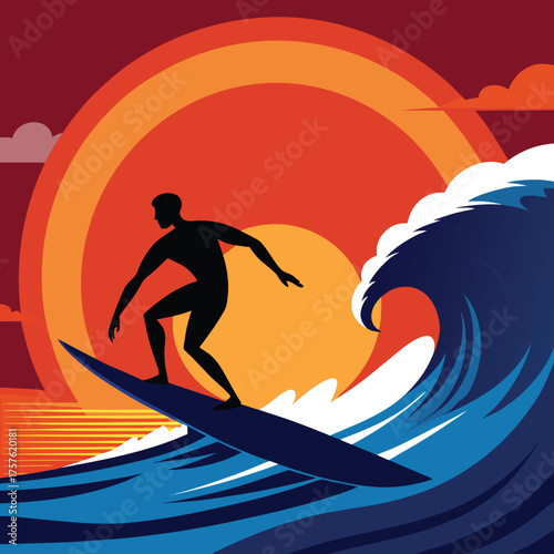 Silhouette of a surfer riding a massive wave during a vibrant sunset capturing the thrill of extreme water sports and the beauty of nature
