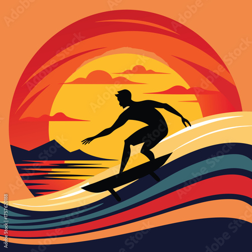 Silhouette of a surfer riding a massive wave against a vibrant sunset sky
