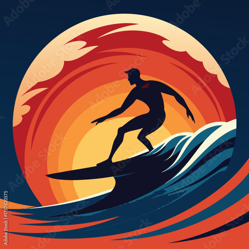 Silhouette of a surfer riding a massive wave against a vibrant sunset sky