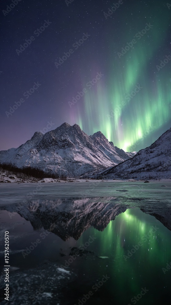 Naklejka premium Majestic northern lights dancing above snow-capped mountains, casting ethereal green and purple reflections on a tranquil frozen lake surface in a breathtaking Arctic winter landscape