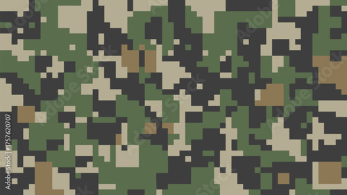 A digital camouflage pattern featuring shades of green brown and black in a pixelated design style
