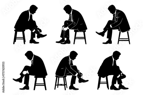 Six black silhouettes display a man adjusting his shoe while sitting on a stool against white