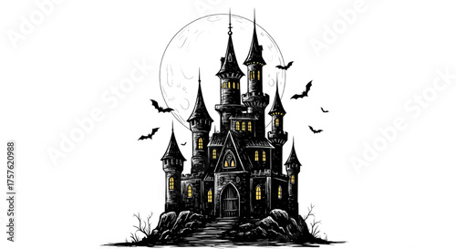 Haunted Gothic Castle with Full Moon and Flying Bats - Creepy Line Art Vector Illustration for Halloween