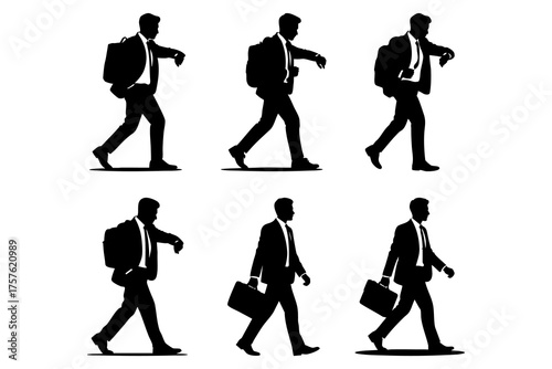 Six silhouette businessmen walk with bags, briefcases, and check their watches against a transparent backdrop