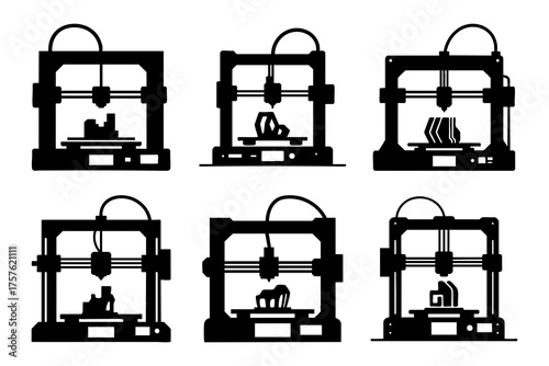 Black silhouettes of different 3D printers showcase modern manufacturing on a transparent background
