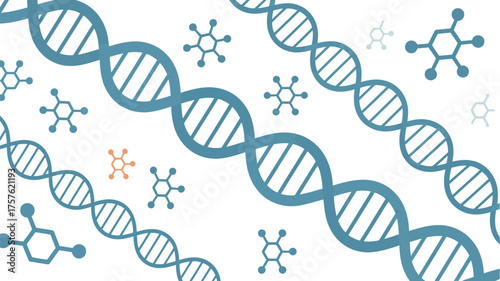 Illustration of dna strands and molecules on a white background with varying colors and sizes