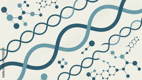 Illustration of dna strands and molecular structures in shades of blue on a light background