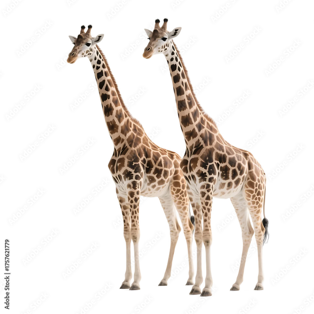 Naklejka premium Two giraffes with distinctive patterns standing against a plain white background, showcasing their long necks and unique spots.