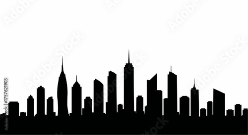 Silhouette of a cityscape with various tall buildings against a white background in a simple illustration