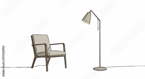 Illustration of a modern armchair with a light beige cushion and a floor lamp with a cone shaped shade