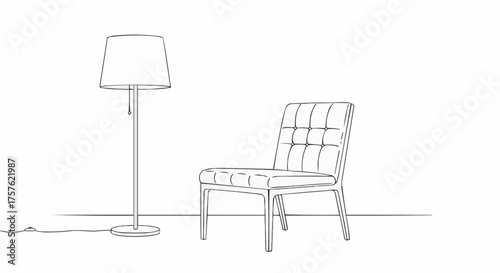 Illustration of a floor lamp with a shade and a modern chair with a cushioned back and seat