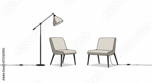 Two chairs facing each other with a floor lamp in between on a white background illustration