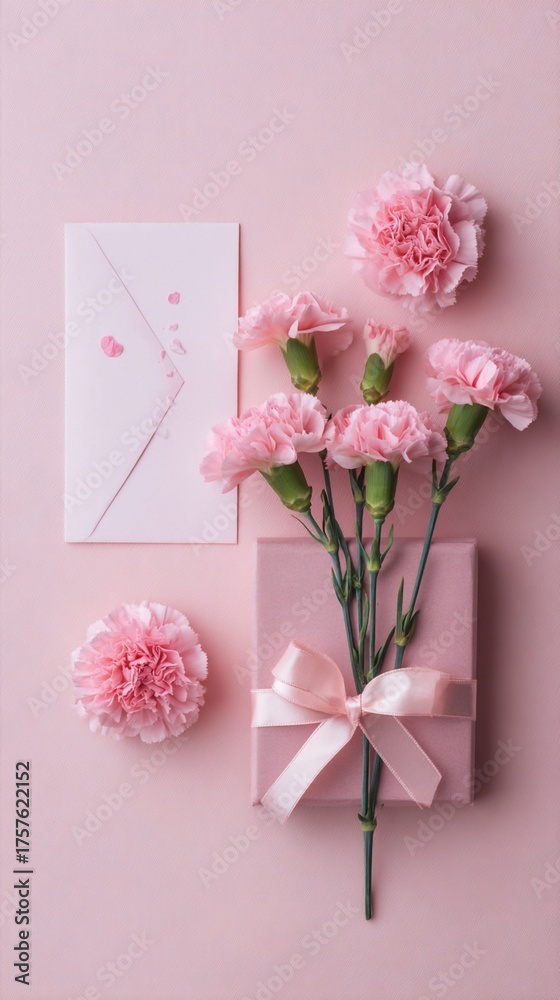 Obraz premium Delicate pink carnations elegantly arranged with a gift box, soft ribbon, and minimalist card create a romantic, feminine composition against a blush background