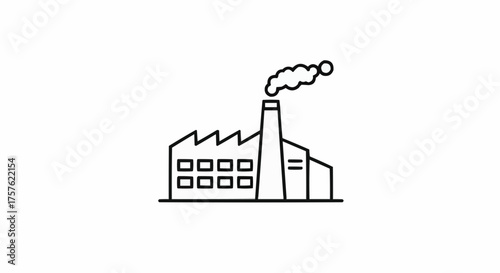 Illustration of a factory with a smoking chimney and multiple windows in a simple line drawing style