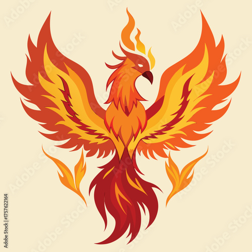 Fiery phoenix bird illustration with flaming wings and tail ideal for branding and advertising