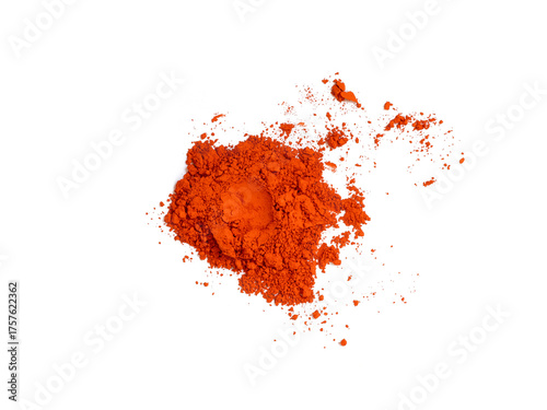 Bright red colored pigment. Loose cosmetic powder. Matte eyeshadow pigment isolated on a white background, close-up, top view