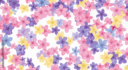 A floral pattern with pink purple and yellow flowers scattered on a white background creating a vibrant design