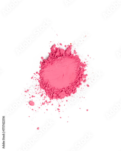 Bright pink colored pigment. Loose cosmetic powder. Matte eyeshadow pigment isolated on a white background, close-up, top view