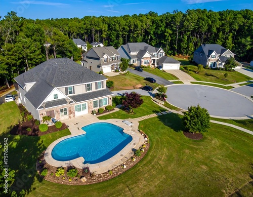 Aerial view showcases opulent homes with pools, lawns, and trees