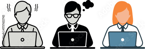 Three professionals working on laptops representing stress brainstorming and focused work illustration