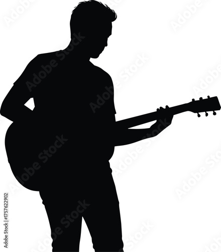 Silhouette of person playing acoustic guitar, standing posture, musical performance, artistic gesture, flat vector illustration, music icon, minimalist style