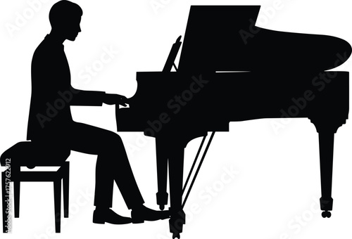 Silhouette of pianist playing grand piano, seated posture, musical performance, classical instrument, flat vector illustration, artistic expression, music education