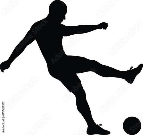 Soccer player kicking ball, sports silhouette, athletic motion, football action pose, black vector graphic, isolated design, flat minimalist illustration