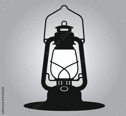 Vintage kerosene lantern silhouette, classic camping lamp icon, retro oil light vector, emergency lighting graphic, flat vector illustration
