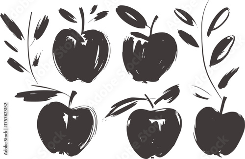Artistic monochrome apples and branches illustration fruit leaf