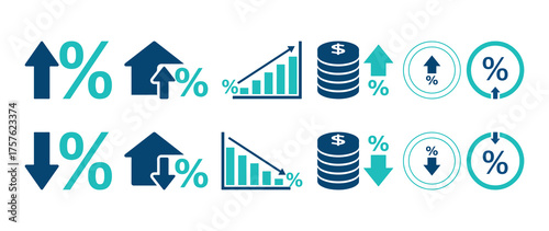 Flat vector icons showing rising and falling interest rates, financial growth, savings, and investment trends.
