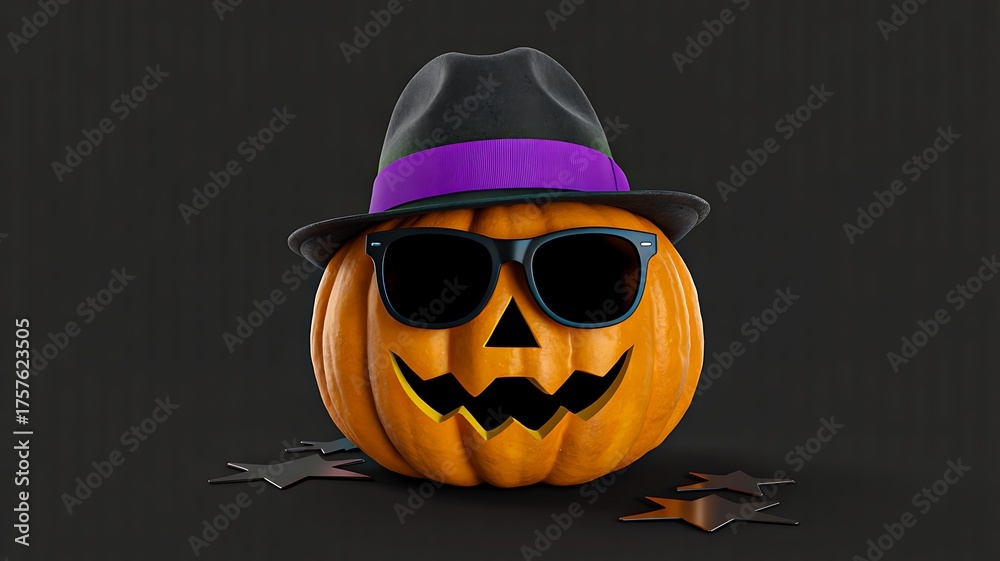 Fototapeta premium Cool Halloween pumpkin with sunglasses and hat on dark background