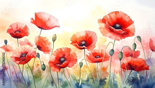 Watercolor illustration of vibrant red poppy flowers in a sun-drenched field with soft, blurred background