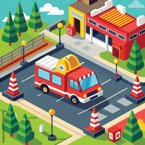 Red and white firefighter truck parking zone sign with warning symbols and text