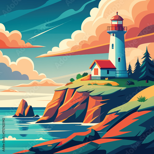Serene lighthouse perched on a rugged coastal cliff overlooking a calm ocean at sunset