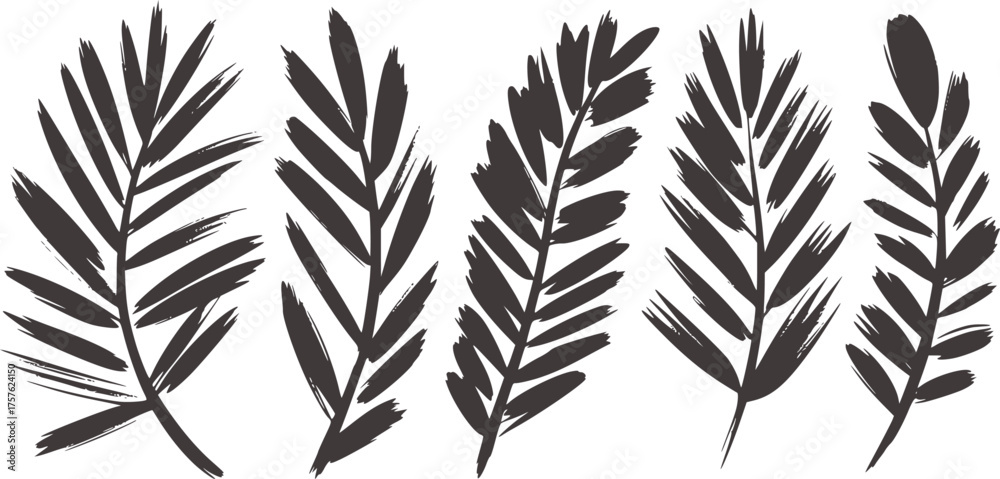 Naklejka premium Dark gray palm fronds painted brush strokes leaves foliage