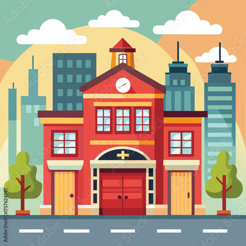 Illustration of a classic firehouse building with a detailed cityscape in the background rendered in a vibrant color palette