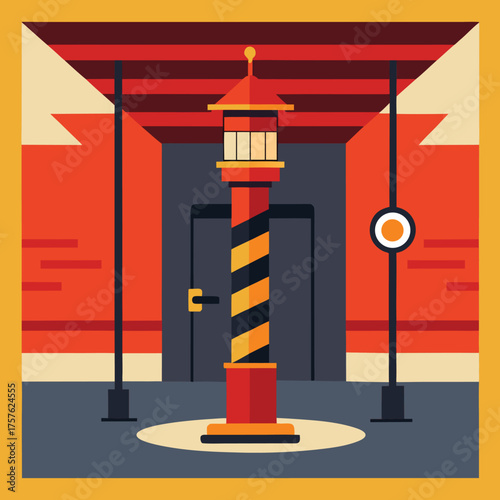 Illustration of a firefighter sliding down a pole inside a fire station interior