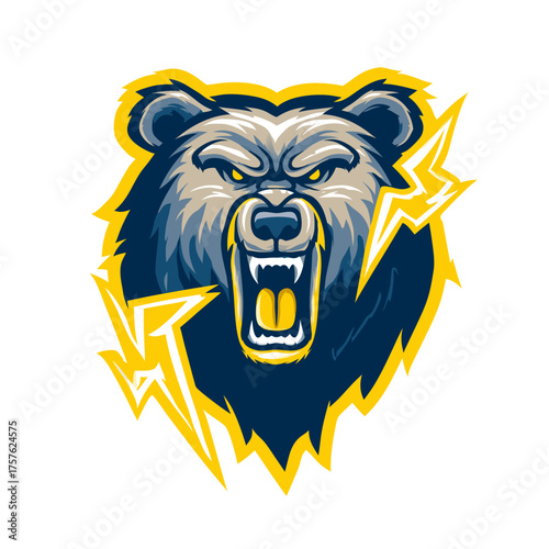 Aggressive grizzly bear head roaring with lightning bolts, powerful mascot design for sports teams or strong brand identity.
