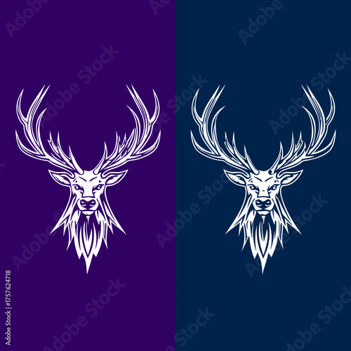 Stylized majestic deer head illustration with large antlers, powerful noble stag graphic emblem design, vector art for branding, wildlife concept