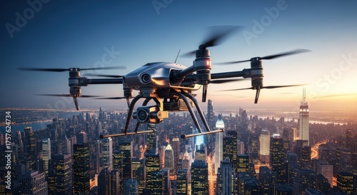 Drone soaring over a modern cityscape at sunset, aerial technology.