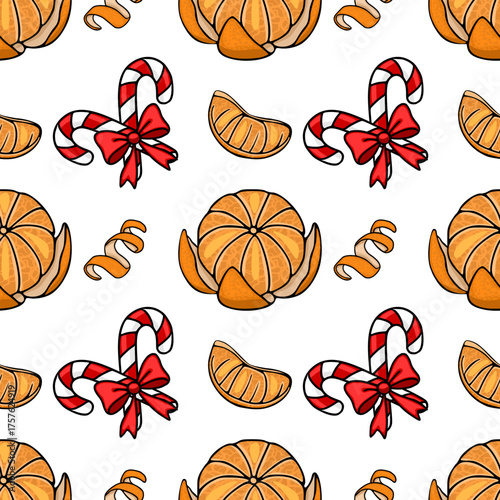 Seamless vector pattern featuring halved tangerines, citrus slices, candy canes with red bows, and curled orange peels on a white background.