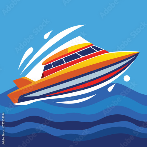 Flat vector illustration of a modern speedboat cruising on a vibrant blue ocean with stylized waves perfect for nautical themes