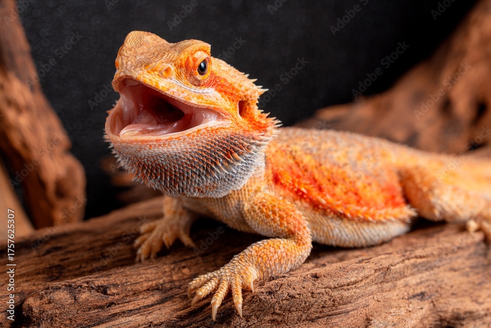 Obraz premium A bearded dragon is resting on a piece of driftwood in its terrarium. The reptile has its mouth open, possibly basking under warm light. The environment is natural and warm, ideal for reptiles