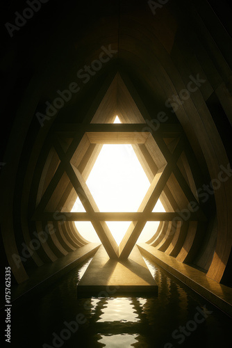 Star of david shaped wooden window glowing with warm sunlight inside a dark rustic structure with reflected water below creating a sacred architectural scene of faith heritage and contemplation