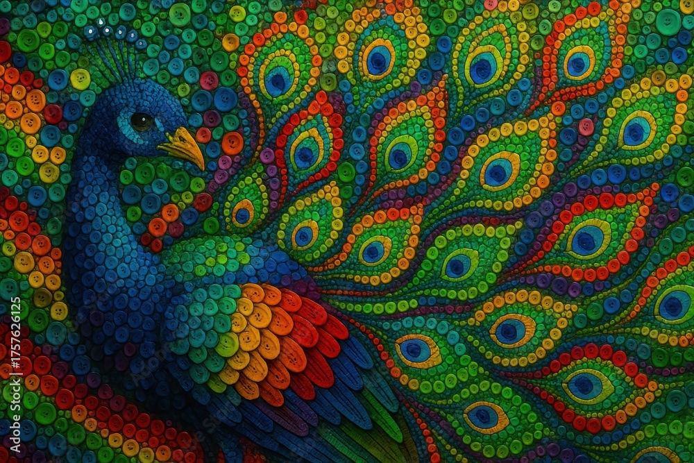 Obraz premium Intricate peacock art with vibrant colors, meticulously crafted with dot patterns style