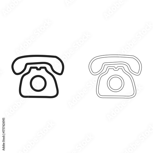 Two hand drawn outline icons of a vintage rotary telephone in black and white on a white background