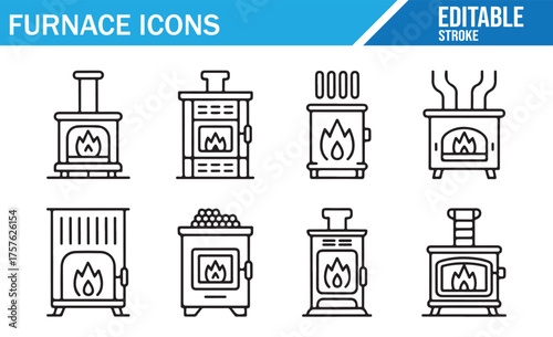 Detailed Set of Furnace Icons in Line Art – Heating Equipment, Fireplaces, and Stoves