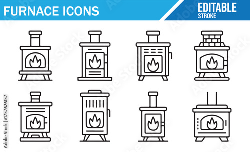 Minimalist Furnace and Heating System Icons Set for Fire Safety and Home Appliances